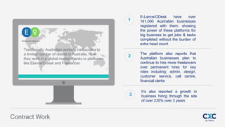 Fusion
PowerPoint Presentation
E-Lance/ODesk have over
161,000 Australian businesses
registered with them: showing
the power of these platforms for
big business to get jobs & tasks
completed without the burden of
extra head count
1
The platform also reports that
Australian businesses plan to
continue to hire more freelancers
over permanent hires for key
roles including: admin, design,
customer service, call centre,
financial clerks
2
It’s also reported a growth in
business hiring through the site
of over 235% over 3 years
3
Traditionally, Australian workers had access to
a limited number of clients in Australia. Now
they work in a global market thanks to platforms
like Elance/Odesk and Freelancer.
Contract Work
 