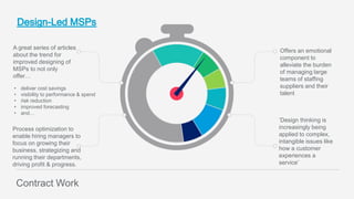 Fusion
PowerPoint Presentation
Process optimization to
enable hiring managers to
focus on growing their
business, strategizing and
running their departments,
driving profit & progress.
A great series of articles
about the trend for
improved designing of
MSPs to not only
offer…
‘Design thinking is
increasingly being
applied to complex,
intangible issues like
how a customer
experiences a
service’
Offers an emotional
component to
alleviate the burden
of managing large
teams of staffing
suppliers and their
talent
• deliver cost savings
• visibility to performance & spend
• risk reduction
• improved forecasting
• and…
Contract Work
 