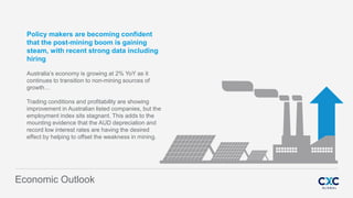 Fusion
PowerPoint Presentation
Economic Outlook
Policy makers are becoming confident
that the post-mining boom is gaining
steam, with recent strong data including
hiring
Australia’s economy is growing at 2% YoY as it
continues to transition to non-mining sources of
growth…
Trading conditions and profitability are showing
improvement in Australian listed companies, but the
employment index sits stagnant. This adds to the
mounting evidence that the AUD depreciation and
record low interest rates are having the desired
effect by helping to offset the weakness in mining.
 
