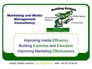 Marketing and Media Management Consultancy Improving media  Efficiency Building  Expertise  and  Education Improving Marketing  Effectiveness Author: Robert Johnson  [email_address]   Mob. +45 20 16 60 40  Procurement Media Agency Communication Partners Building Bridges Marketing and Media Management Consultancy 