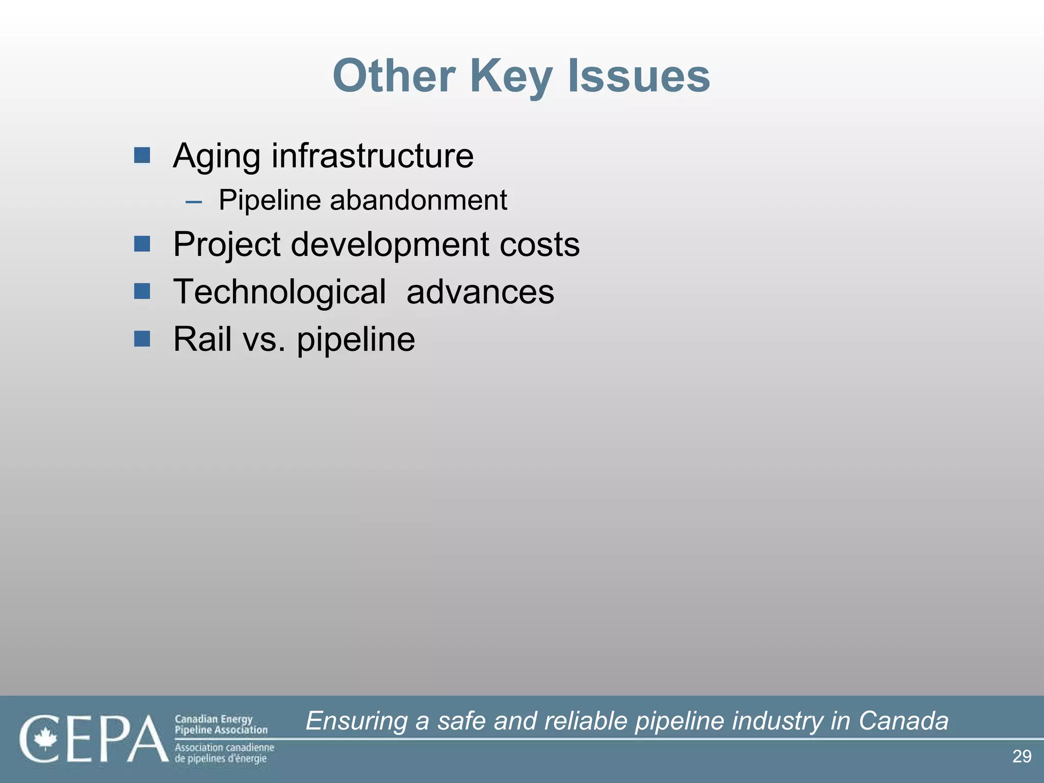 Other Key Issues Aging infrastructure Pipeline abandonment Project development costs Technological  advances Rail vs. pipeline 