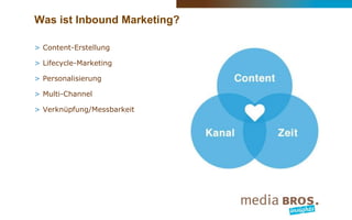 Was ist Inbound Marketing?
> Content-Erstellung
> Lifecycle-Marketing
> Personalisierung
> Multi-Channel
> Verknüpfung/Mes...