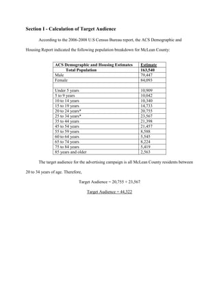 Section I - Calculation of Target Audience<br />According to the 2006-2008 U.S Census Bureau report, the ACS Demographic and Housing Report indicated the following population breakdown for McLean County:<br />ACS Demographic and Housing EstimatesEstimate          Total Population163,540Male79,447Female84,093Under 5 years10,9095 to 9 years10,04210 to 14 years10,34015 to 19 years14,73320 to 24 years*20,75525 to 34 years*23,56735 to 44 years21,39845 to 54 years21,45755 to 59 years8,58860 to 64 years5,54565 to 74 years8,22475 to 84 years5,41985 years and older2,563<br />The target audience for the advertising campaign is all McLean County residents between 20 to 34 years of age. Therefore,<br />Target Audience = 20,755 + 23,567<br />Target Audience = 44,322<br />Section II <br />The Pantagraph<br />Flighting Budget<br />$2,500$2,000$1,500$1,000$500$0Wk 1Wk 2Wk 3Wk 4Wk 5Wk 6Wk 7Wk 8<br />The Targeted Gross Impressions for the Campaign<br />Subscription Readers (90%)Single-Copy Readers (10%)(30,000 x .90) x 1.2 Readers/Copy(30,000 x .10) x 1.2 Readers/Copy32,400 Subscription Readers3,600 Single-Copy Readers<br />30,000 copies of the newspaper are distributed in McLean County. 27,000 (90%) copies are through regular subscriptions. 3,000 (10%) are single-copy distributions sold at the local newsstand. There are 1.2 readers/copy of the newspaper.<br />Total Newspaper Readership = 32,400 + 3,600<br />Total Newspaper Readership = 36,000<br />Target Audience:<br />36,000 x .20 = 7,200<br />Target Audience = 7,200<br />20% of the 36,000 total newspaper readership falls within the target market.<br />Targeted Gross Impressions =# of Times Ad Runs x # of People in Target Audience Exposed Each Ad Run<br />Gross Impressions = 6 x 7,200<br />Total Gross Impressions = 43,200<br />Total Gross Impressions are based on a 2 column, 10 inch ad running 2 times a week for a total of 3 weeks.<br />The Rating for the Campaign<br />Reach:<br />Unduplicated SubscribersUnduplicated Single-CopyAd #1.90 x 7,200 = 6,480.10 x 7,200 = 720Ad #20.50 x 720 = 360Ad #30.50 x 360 = 180Ad #40.50 x 180 = 90Ad #50.50 x 90 = 45Ad #60.50 x 45 = 22.5Total6,480 Subscription Readers1,417.5 Subscription Readers<br />Of the 36,000 total newspaper readership, 7,200 readers fall within the target market. 90% of daily readers are subscribers, and 10% of daily readers are single-copy sales. Each time the ad runs, single-copy sales decline by 50%.<br />Reach = 6,480 + 1,417.5<br />Reach = 7,897.5<br />Rating = Reach / Target Audience Size<br />Rating = 7,897.5 / 44,322<br />Rating = 17.8<br />The Targeted Cost per Thousand for Unduplicated Exposures for the Campaign<br />Cost of Total Media Bought:<br />Cost of Total Media Bought = (20 x $50) x 6<br />Cost of Total Media Bought = $6,000<br />CPM = (Cost Total Media Bought / Reach) x 1,000The 2 column, 10 inch ad accounts for a total of 20 inches. The rate for the newspaper ad is $50/inch, costing $1,000 each time the ad runs. The ad is scheduled to run 6 times at the total cost of $6,000 for the campaign.<br />CPM = ($6,000 / 7,897.5) x 1,000<br />CPM = $751.17<br />Section III<br />WYZZ<br />Continuity Budget<br />$1,575$1,275$975$675$375$0Wk 1Wk 2Wk 3Wk 4Wk 5Wk 6Wk 7Wk 8<br />The Targeted Gross Impressions for the Campaign<br />Target Audience = Rating x Target Audience SizeTarget Audience:<br />24 (7PM, Tuesday; Rating: 12)<br />Target Audience (24) = .12 x 44,322<br />Target Audience (24) = 5,319<br />Family Guy (7PM, Thursday; Rating: 7)<br />Target Audience (Family Guy) = .07 x 44,322<br />Target Audience (Family Guy) = 3,103<br /> Total Target Audience = 5,319 + 3,103<br />Total Target Audience = 8,422<br />The ratings for each program are based on 1 show. This allows the target audience to be the same size as the program’s reach per episode.<br />Targeted Gross Impressions =# of Times Ad Runs x # of People in Target Audience Exposed Each Ad Run<br />24 (7PM, Tuesday)<br />Targeted Gross Impressions (24) = 8 x 5,319<br />Targeted Gross Impressions (24) = 42,552<br />Family Guy (7PM, Thursday)<br />Targeted Gross Impressions (Family Guy) = 8 x 3,103<br />Targeted Gross Impressions (Family Guy) = 24,824<br />Total Targeted Gross Impressions = 42,552 + 24,824<br />Total Targeted Gross Impressions = 67,376<br />Total Gross Impressions for each program show are based on an ad that is scheduled to run 1 time per program for a total of 8 weeks.<br />The Rating for the Campaign<br />Reach: <br />24 (7PM, Tuesday)<br />Wk 1Wk 2Wk 3Wk 45,319 x 1 =5,3195,319 x .10 =532531.9 x .10 =5353.19 x .10 =5<br />24 is a fast-paced drama with complex storylines, plots and twists involving terrorist threats to the U.S. Each season tells the time period of one-day; making each episode related to tell the story. Dedicated viewers must watch every episode to understand. With this, it is assumed that only 10% of viewers are new each week the advertisement runs. The ad is scheduled to run 1 time each week for a total of 8 weeks.<br />Reach (24) = 5,319 + 532 + 53 + 5<br />Reach (24) = 5,909<br />Family Guy (7PM, Thursday)<br />Wk 1Wk 2Wk 3Wk 4Wk 5Wk 63,103 – (3,103 x .15) =2,6382,638 x .30 =791791 x .30 =237237 x .30 =7171 x .30 = 2121 x .30=6<br />Family Guy is an animated sitcom comedy about a dysfunctional family. All storylines are unrelated. Viewers are able to watch each episode separately with complete understanding. With this, it is assumed that 30% of viewers are new each week the advertisement runs. Similar to 24, Family Guy provides shock-value reactions to its audience. With this, it is also assumed that 15% of viewers who watch Family Guy also watch 24. The ad is scheduled to run 1 time each week for a total of 8 weeks.<br />Reach (Family Guy) = 2,638 + 791 + 237 + 71 + 21 + 6<br />Reach (Family Guy) = 3,527<br />Total Reach = 5,909 + 3,527<br />Total Reach = 9,436<br />Rating = Reach / Target Audience Size<br />Rating = 9,436 / 44,322<br />Rating = 21.3<br />The Targeted Cost per Thousand for Unduplicated Exposures for the Campaign<br />Cost of Total Media Bought:<br />Cost Total Media Bought = (8 x $250) + (8 x $425)<br />Cost Total Media Bought = $5,400<br />The rate to run 1 ad on 24 is $425. The rate to run 1 ad on Family Guy is $250. The ad is scheduled to run 1 time each program for a total of 8 weeks. <br />CPM = (Cost Total Media Bought / Reach) x 1,000<br />CPM = ($5,400 / 9,436) x 1,000<br />CPM = $572.28<br />Section IV<br />WXYZ-FM<br />Pulsating Budget<br />$1,350$1,125$925$675$450$0Wk 1Wk 2Wk 3Wk 4Wk 5Wk 6Wk 7Wk 8<br />The Targeted Gross Impressions for the Campaign<br />Target Audience:<br />Target Audience = Rating x Target Audience Size<br />M-F (6am-10am; Rating: 3)<br />Target Audience (M-F 6am-10am) = .03 x 44,322<br />Target Audience (M-F 6am-10am) = 1,330<br />M-F (3pm-7pm; Rating: 4)<br />Target Audience (M-F 3pm-7pm) = .04 x 44,322<br />Reach/Target Audience (M-F 3pm-7pm) = 1,773<br /> Total Target Audience = 1,330 + 1,773<br />Total Target Audience = 3,103<br />Targeted Gross Impressions =# of Times Ad Runs x # of People in Target Audience Exposed Each Ad RunThe ratings for each program are based on 1 radio show time slot. This allows the target audience to be the same size as each program’s reach per radio show time slot.<br />M-F (6am-10am)<br />Targeted Gross Impressions (M-F 6am-10am) = 65 x 1,330<br />Targeted Gross Impressions (M-F 6am-10am) = 86,450<br />M-F (3pm-7pm)<br />Targeted Gross Impressions (M-F 3pm-7pm) = 65 x 1,773<br />Targeted Gross Impressions (M-F 3pm-7pm) = 115,245<br />Total Targeted Gross Impressions = 86,450 + 115,245<br />Total Targeted Gross Impressions = 201,695 <br />Total Gross Impressions are based on 1 ad that is scheduled to run 65 times on each radio show time slot, or 130 total runs during the campaign duration of 8 weeks.<br />The Rating for the Campaign<br />Reach:<br />M-F (6am-10am)<br />Wk 1Wk 2Wk 31,330 x 1 = 1,3301,330 x .10 = 133133 x .10 = 13<br />M-F (6am-10am) is an early-morning show generally listened to by people traveling to work. The morning show communicates local weather and travel reports, which over time, has created dedicated listeners. With this information, it is only assumed that 10% of listeners are new each week the advertisement runs. The ad is scheduled to run a total of 65 times during the duration of the 8 week campaign.<br />Reach (M-F 6am-10am) = 1,330 + 133 + 13<br />Reach (M-F 6am-10am) = 1,476<br />M-F (3pm-7pm)<br />Wk 1Wk 2Wk 3Wk 4Wk 5Wk 61,773 – (1,773 x .50) = 887887 x .50 = 444444 x .50 =222222 x .50 = 111111 x .50 = 5656 x .50 = 28<br />M-F (3pm-7pm) is an evening show generally listened to people who are traveling back home from work. It can be assumed that 50% of those listening to the evening show have also listened to the M-F (7am-10am) morning show. The evening show is also listened to people running errands and people who are heading to their extracurricular/leisure activities. It is assumed that 50% of listeners are new each week the advertisement runs. The ad is scheduled to run a total of 65 times during the duration of the 8 week campaign.<br />Reach (M-F 3pm-7pm) = 887 + 444 + 222 + 111 + 56 + 28<br />Reach (M-F 3pm-7pm) = 1,748<br />Total Reach = 1,476 + 1,748<br />Total Reach = 3,224<br />Rating = Reach / Target Audience Size<br />Rating = 3,224 / 44,322<br />Rating = 7.3<br />The Targeted Cost per Thousand for Unduplicated Exposures for the Campaign<br />Cost Total Media Bought:<br />Cost Total Media Bought = (65 x $45) + (65 x $45)<br />Cost Total Media Bought = $5,850<br />The rate to run 1 ad on the M-F (6am-10am) morning radio show is $45. The rate to run 1 ad on the M-F (3pm-7pm) evening radio show is $45. The ad is scheduled to run a total of 65 times on each radio show for the duration of 8 weeks.<br />CPM = (Cost Total Media Bought / Reach) x 1,000<br />CPM = ($5,850/ 3,224) x 1,000<br />CPM = $1,814.52<br />References<br />Census Bureau Home Page. American Community Survey, 2008. Web. 02 Feb. 2010. <http://www.census.gov>.<br />