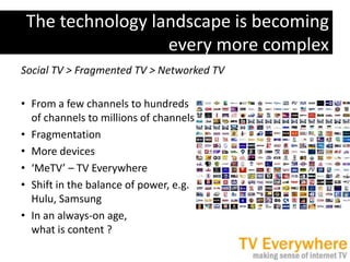 The technology landscape is becoming every more complex<br />Social TV &gt; Fragmented TV &gt; Networked TV<br />From a fe...