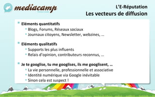 Eléments quantitatifs Blogs, Forums, Réseaux sociaux Journaux citoyens, Newsletter, webzines, …   Eléments qualitatifs Supports les plus influents  Relais d’opinion, contributeurs reconnus, … Je te googlise, tu me googlises, ils me googlisent, … La vie personnelle, professionnelle et associative  Identité numérique via Google inévitable  Sinon cela est suspect ! L’E-Réputation Les vecteurs de diffusion 