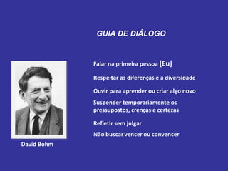 Falar na primeira pessoa [Eu]
Respeitar as diferenças e a diversidade
Ouvir para aprender ou criar algo novo
Suspender temporariamente os
pressupostos, crenças e certezas
Refletir sem julgar
David Bohm
GUIA DE DIÁLOGO
 