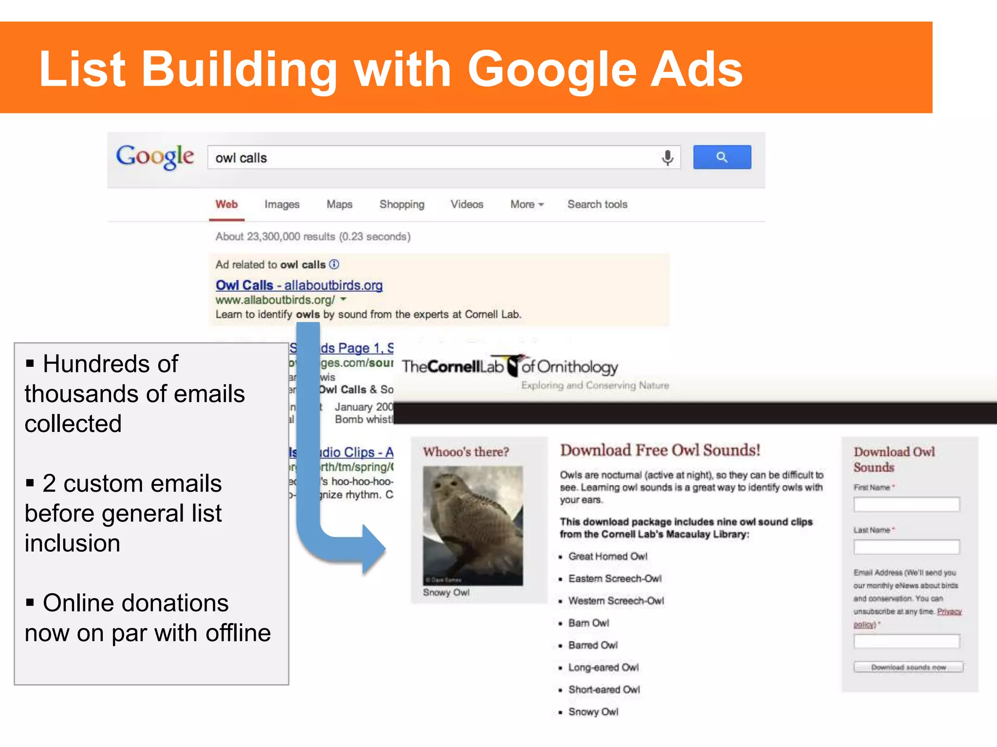  Hundreds of
thousands of emails
collected
 2 custom emails
before general list
inclusion
 Online donations
now on par with offline
List Building with Google Ads
 