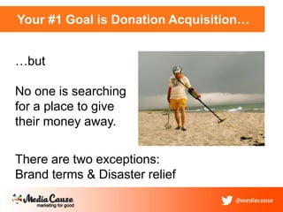 Your #1 Goal is Donation Acquisition…
There are two exceptions:
Brand terms & Disaster relief
…but
No one is searching
for a place to give
their money away.
 