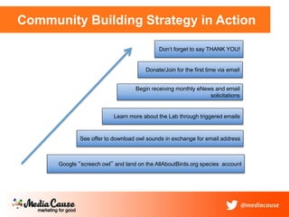 Community Building Strategy in Action
Google “screech owl” and land on the AllAboutBirds.org species account
Donate/Join for the first time via email
Begin receiving monthly eNews and email
solicitations
Learn more about the Lab through triggered emails
See offer to download owl sounds in exchange for email address
Don’t forget to say THANK YOU!
 