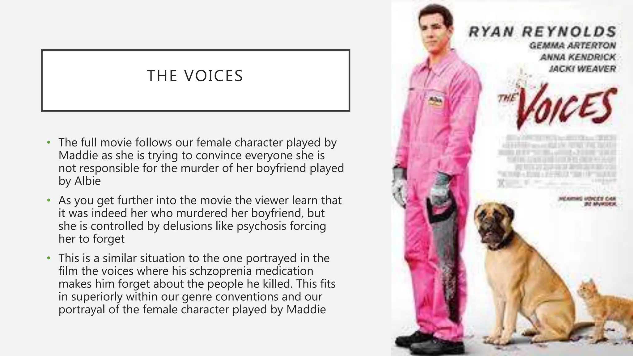 THE VOICES
• The full movie follows our female character played by
Maddie as she is trying to convince everyone she is
not responsible for the murder of her boyfriend played
by Albie
• As you get further into the movie the viewer learn that
it was indeed her who murdered her boyfriend, but
she is controlled by delusions like psychosis forcing
her to forget
• This is a similar situation to the one portrayed in the
film the voices where his schzoprenia medication
makes him forget about the people he killed. This fits
in superiorly within our genre conventions and our
portrayal of the female character played by Maddie
 