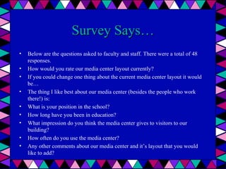 Survey Says…
•
•
•
•
•
•
•
•
•

Below are the questions asked to faculty and staff. There were a total of 48
responses.
How would you rate our media center layout currently?
If you could change one thing about the current media center layout it would
be…
The thing I like best about our media center (besides the people who work
there!) is:
What is your position in the school?
How long have you been in education?
What impression do you think the media center gives to visitors to our
building?
How often do you use the media center?
Any other comments about our media center and it’s layout that you would
like to add?

 