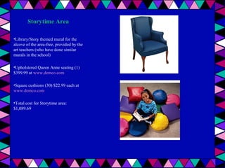 Storytime Area
•Library/Story themed mural for the
alcove of the area-free, provided by the
art teachers (who have done similar
murals in the school)
•Upholstered Queen Anne seating (1)
$399.99 at www.demco.com
•Square cushions (30) $22.99 each at
www.demco.com
•Total cost for Storytime area:
$1,089.69

 