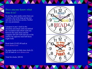 Does anyone know what
time it is?
In our big, open media center there are
2 clocks, one in the large group area
and one in the fiction section. Neither
are very prominent.
I propose to put 1 clock in the
storytime area (back wall) one behind
the circulation desk (front wall) one
between the main doors and the
computer lab (left wall) and one on the
wall by the opposite main hall doors
(right wall)
Read clock (2) $22.49 each at
www.demco.com
So many books so little time clock (2)
$22.49 each at www.demco.com
Total for clocks: $89.96

 