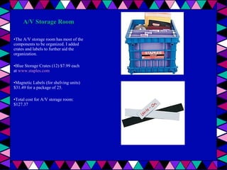 A/V Storage Room
•The A/V storage room has most of the
components to be organized. I added
crates and labels to further aid the
organization.
•Blue Storage Crates (12) $7.99 each
at www.staples.com
•Magnetic Labels (for shelving units)
$31.49 for a package of 25.
•Total cost for A/V storage room:
$127.37

 