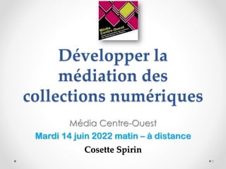 Développer la
médiation des
collections numériques
Média Centre-Ouest
Mardi 14 juin 2022 matin – à distance
Cosette Spirin
1
 