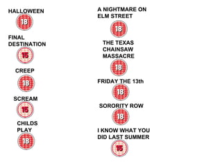 HALLOWEEN SCREAM FRIDAY THE 13th FINAL DESTINATION A NIGHTMARE ON ELM STREET I KNOW WHAT YOU DID LAST SUMMER CREEP SORORITY ROW THE TEXAS CHAINSAW MASSACRE CHILDS PLAY 