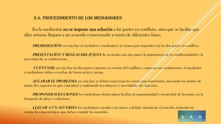 3.4. PROCEDIMIENTO DE LOS MEDIADORES
En la mediación no se impone una solución a las partes en conflicto, sino que se facilita que
ellas mismas lleguen a un acuerdo consensuado a través de diferentes fases:
PREMEDIACIÓN: en esta fase el mediador o mediadores se reúnen por separado con las dos partes en conflicto.
PRESENTACIÓN Y REGLAS DEL JUEGO: Se recuerda a las dos partes la importancia de la confidencialidad y la
necesidad de su colaboración.
CUÉNTAME: en esta fase las dos partes exponen su versión del conflicto y expresan sus sentimientos. el mediador
o mediadores deben escuchar de forma activa y atenta.
ACLARAR EL PROBLEMA: en esta fase se deben consensuar los temas más importantes, buscando los puntos de
unión (los aspectos en que coinciden) y explorando los intereses y necesidades de cada uno.
PROPONER SOLUCIONES: los mediadores deben ahora facilitar la espontaneidad y creatividad de las partes en la
búsqueda de ideas o soluciones.
LLEGAR A UN ACUERDO: los mediadores ayudan a las partes a definir claramente el acuerdo, teniendo en
cuenta las carac-terísticas que deben cumplir los acuerdos
 