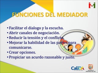 •Facilitar el dialogo y la escucha.
•Abrir canales de negociación.
•Reducir la tensión y el conflicto.
•Mejorar la habilidad de las partes para
comunicarse.
•Crear opciones.
•Propiciar un acurdo razonable y justo.
FUNCIONES DEL MEDIADOR
 
