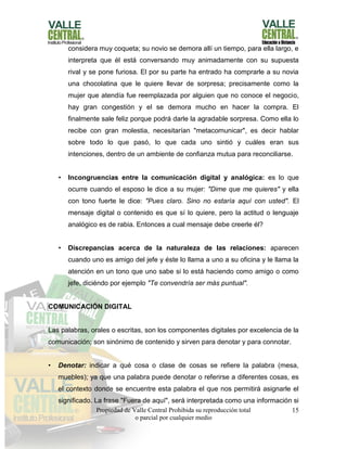 Propiedad de Valle Central Prohibida su reproducción total
o parcial por cualquier medio
15
considera muy coqueta; su novio se demora allí un tiempo, para ella largo, e
interpreta que él está conversando muy animadamente con su supuesta
rival y se pone furiosa. El por su parte ha entrado ha comprarle a su novia
una chocolatina que le quiere llevar de sorpresa; precisamente como la
mujer que atendía fue reemplazada por alguien que no conoce el negocio,
hay gran congestión y el se demora mucho en hacer la compra. El
finalmente sale feliz porque podrá darle la agradable sorpresa. Como ella lo
recibe con gran molestia, necesitarían "metacomunicar", es decir hablar
sobre todo lo que pasó, lo que cada uno sintió y cuáles eran sus
intenciones, dentro de un ambiente de confianza mutua para reconciliarse.
• Incongruencias entre la comunicación digital y analógica: es lo que
ocurre cuando el esposo le dice a su mujer: "Dime que me quieres" y ella
con tono fuerte le dice: "Pues claro. Sino no estaría aquí con usted". El
mensaje digital o contenido es que sí lo quiere, pero la actitud o lenguaje
analógico es de rabia. Entonces a cual mensaje debe creerle él?
• Discrepancias acerca de la naturaleza de las relaciones: aparecen
cuando uno es amigo del jefe y éste lo llama a uno a su oficina y le llama la
atención en un tono que uno sabe si lo está haciendo como amigo o como
jefe, diciéndo por ejemplo "Te convendría ser más puntual".
COMUNICACIÓN DIGITAL
Las palabras, orales o escritas, son los componentes digitales por excelencia de la
comunicación; son sinónimo de contenido y sirven para denotar y para connotar.
• Denotar: indicar a qué cosa o clase de cosas se refiere la palabra (mesa,
muebles); ya que una palabra puede denotar o referirse a diferentes cosas, es
el contexto donde se encuentre esta palabra el que nos permitirá asignarle el
significado. La frase "Fuera de aquí", será interpretada como una información si
 
