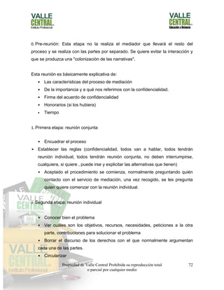 Propiedad de Valle Central Prohibida su reproducción total
o parcial por cualquier medio
72
0. Pre-reunión: Esta etapa no la realiza el mediador que llevará el resto del
proceso y se realiza con las partes por separado. Se quiere evitar la interacción y
que se produzca una "colonización de las narrativas".
Esta reunión es básicamente explicativa de:
• Las características del proceso de mediación
• De la importancia y a qué nos referimos con la confidencialidad.
• Firma del acuerdo de confidencialidad
• Honorarios (si los hubiera)
• Tiempo
1. Primera etapa: reunión conjunta
• Encuadrar el proceso
• Establecer las reglas (confidencialidad, todos van a hablar, todos tendrán
reunión individual, todos tendrán reunión conjunta, no deben interrumpirse,
cualquiera, si quiere , puede irse y explicitar las alternativas que tienen)
• Aceptado el procedimiento se comienza, normalmente preguntando quién
contacto con el servicio de mediación, una vez recogido, se les pregunta
quien quiere comenzar con la reunión individual.
2. Segunda etapa: reunión individual
• Conocer bien el problema
• Ver cuáles son los objetivos, recursos, necesidades, peticiones a la otra
parte, contribuciones para solucionar el problema
• Borrar el discurso de los derechos con el que normalmente argumentan
cada una de las partes.
• Circularizar
 