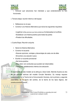 Propiedad de Valle Central Prohibida su reproducción total
o parcial por cualquier medio
73
• Conocer qué soluciones han intentado y que evidentemente no han
funcionado.
3. Tercera etapa: reunión interna o del equipo
• Reflexionar en el caso
• Construir una Historia Alternativa que reúna los siguientes requisitos:
•Legitimar a las personas que tiene problemas-Contextualizar el conflicto
•Establecer una historia positiva para todas las partes
•Predecir las dificultades.
4. Cuarta Etapa: Reunión conjunta
• Narrar la Historia Alternativa
• Construir el acuerdo
•Nuevas opciones, ventajas y desventajas de cada una de ellas
•Encontrar una solución nueva
• Escribir un acuerdo provisional
•De forma positiva
•Muy claro: con conductas que puedan ser observables
•Temporal, estableciendo criterios de evaluación.
El nacimiento de este modelo se le atribuye a Sara Cobb. Marinés Suares es otra
de las grandes teóricas del modelo Circular Narrativo. Su manejo requiere
conocimiento de la Teoría de la Comunicación Humana, de la primera y segunda
cibernética, de la teoría del cambio, de la teoría de los tipos lógicos, del
construccionismo social...
 