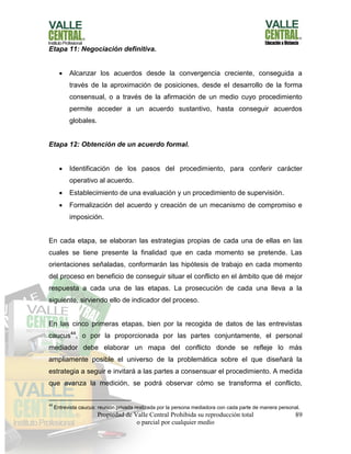 Propiedad de Valle Central Prohibida su reproducción total
o parcial por cualquier medio
89
Etapa 11: Negociación definitiva.
 Alcanzar los acuerdos desde la convergencia creciente, conseguida a
través de la aproximación de posiciones, desde el desarrollo de la forma
consensual, o a través de la afirmación de un medio cuyo procedimiento
permite acceder a un acuerdo sustantivo, hasta conseguir acuerdos
globales.
Etapa 12: Obtención de un acuerdo formal.
 Identificación de los pasos del procedimiento, para conferir carácter
operativo al acuerdo.
 Establecimiento de una evaluación y un procedimiento de supervisión.
 Formalización del acuerdo y creación de un mecanismo de compromiso e
imposición.
En cada etapa, se elaboran las estrategias propias de cada una de ellas en las
cuales se tiene presente la finalidad que en cada momento se pretende. Las
orientaciones señaladas, conformarán las hipótesis de trabajo en cada momento
del proceso en beneficio de conseguir situar el conflicto en el ámbito que dé mejor
respuesta a cada una de las etapas. La prosecución de cada una lleva a la
siguiente, sirviendo ello de indicador del proceso.
En las cinco primeras etapas, bien por la recogida de datos de las entrevistas
caucus44
, o por la proporcionada por las partes conjuntamente, el personal
mediador debe elaborar un mapa del conflicto donde se refleje lo más
ampliamente posible el universo de la problemática sobre el que diseñará la
estrategia a seguir e invitará a las partes a consensuar el procedimiento. A medida
que avanza la medición, se podrá observar cómo se transforma el conflicto,
44
Entrevista caucus: reunión privada realizada por la persona mediadora con cada parte de manera personal.
 