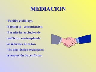 MEDIACIONMEDIACION
• Facilita el diálogo.
•Facilita la comunicación.
•Permite la resolución de
conflictos, contemplando
los intereses de todos.
• Es una técnica social para
la resolución de conflictos.
 