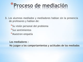 *
3. Los alumnos mediados y mediadores hablan sin la presencia
de profesores y hablan de:
*Su visión personal del problema
*Sus sentimientos
*Muestren empatía
Los mediadores :
No juzgan a los comportamientos y actitudes de los mediados
 