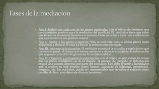  Fase I. Hablar con cada una de las partes implicadas, con el objeto de favorecer una
predisposición positiva para la resolución del conflicto. El mediador tiene que saber
que las partes intentarán llevarlo a su terreno. Debe escuchar a cada una e informarle
que va a mantener una postura neutral.
 Fase II. Sentar a las partes a negociar. Sólo se dará este paso si ambas partes están
dispuestas a afrontar el tema y a buscar la solución más adecuada.
 Fase III. Informar de la situación. El mediador expondrá la situación y explicará en qué
consiste su papel, el tiempo que estime oportuno y cómo se va a utilizar la información
que se genere, con el fin de garantizar la confidencialidad.
 Fase IV. Organizar y jerarquizar la información, con el objeto de seleccionar los temas
que las partes consideren eje de la disputa. El proceso de recogida de información
exigirá una postura directiva por parte del mediador. Éste debe recurrir a habilidades
que le ayuden en este proceso como: humor, capacidad de liderazgo, proximidad,
simpatía, etc. En ocasiones, puede ser recomendable que verbalice o explicite cómo
percibe el clima, con objeto de eliminar tensiones.
 
