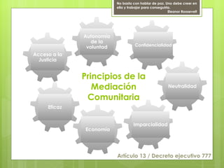 No basta con hablar de paz. Uno debe creer en
                          ella y trabajar para conseguirla.
                                                         Eleanor Roosevelt




              Autonomía
                 de la
               voluntad             Confidencialidad

Acceso a la
  Justicia


              Principios de la
                 Mediación                              Neutralidad

               Comunitaria
     Eficaz


                                    Imparcialidad
              Economía




                          Artículo 13 / Decreto ejecutivo 777
 