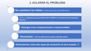 No cuestionar los relatos “tenéis puntos de vista diferentes”.
Realizar preguntas que permitan hacer visibles a las partes las percepciones
del otro
•Distinguir entre comportamiento e intencionalidad.
•Generalizar: ¿No ha sido buena vuestra relación antes?
•Particularizar ¿Has sido capaz de resolverlo en otra ocasión..?.
 