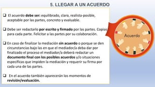  El acuerdo debe ser: equilibrado, claro, realista-posible,
aceptable por las partes, concreto y evaluable.
 Debe ser redactarlo por escrito y firmado por las partes. Copias
para cada parte. Felicitar a las partes por su colaboración.
 En caso de finalizar la mediación sin acuerdo o porque se den
circunstancias bajo las en que el mediador/a deba dar por
finalizado el proceso el mediador/a deberá redactar un
documento final con los posibles acuerdos y/o situaciones
específicas que impiden la mediación y requerir su firma por
cada una de las partes.
 En el acuerdo también aparecerán los momentos de
revisión/evaluación.
 