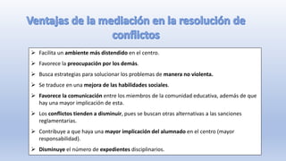  Facilita un ambiente más distendido en el centro.
 Favorece la preocupación por los demás.
 Busca estrategias para solucionar los problemas de manera no violenta.
 Se traduce en una mejora de las habilidades sociales.
 Favorece la comunicación entre los miembros de la comunidad educativa, además de que
hay una mayor implicación de esta.
 Los conflictos tienden a disminuir, pues se buscan otras alternativas a las sanciones
reglamentarias.
 Contribuye a que haya una mayor implicación del alumnado en el centro (mayor
responsabilidad).
 Disminuye el número de expedientes disciplinarios.
 