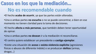 •El hecho acaba de ocurrir, ya que las partes están alteradas.
•Una o ambas partes no escucha o no se puede concentrar, o bien en ese
momento no tienen claridad para la toma de decisiones.
•El hecho afecta a más personas, que también deben tener oportunidad
de opinar.
•Una o ambas partes no desean ir a la mediación ni reconciliarse.
•El centro quiere establecer un precedente o castigo ejemplar.
•Existe una situación de acoso o exista violencia explícita (agresiones
físicas o abusos de diferente índole) o se produzcan delitos (armas,
drogas…)
 