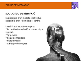 EQUIP DE ѷٱ
SOL·LICITUD DE ѷٱ
Es disposarà d'un model de sol·licitud
accessible a tot l’alumnat del centre.
La sol·licitud es pot entregar a:
* La bústia de mediació al primer pis, al
vestíbul.
* Tutors/res
* Equip de mediació
* Equip directiu
* Altres professors/res
 