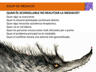 EQUIP DE ѷٱ
QUAN ÉS ACONSELLABLE NO REALITZAR LA ѷٱ?
Quan algú va coaccionat.
Quan la situació plantejada constitueix delicte.
Quan algú necessita assistència terapèutica.
Quan no es col·labora.
Quan les persones encara estan molt afectades per a parlar.
Quan el problema principal no és mediable.
Quan el conflicte mereix una atenció més generalitzada.
 