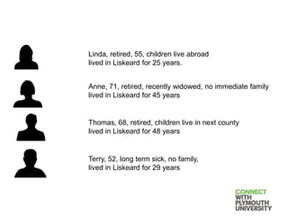 Linda, retired, 55, children live abroad
lived in Liskeard for 25 years.
Anne, 71, retired, recently widowed, no immediate family
lived in Liskeard for 45 years
Terry, 52, long term sick, no family,
lived in Liskeard for 29 years
Thomas, 68, retired, children live in next county
lived in Liskeard for 48 years
 