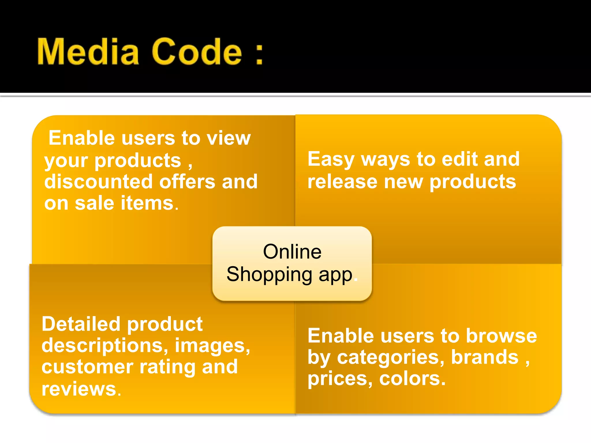 Enable users to view
your products ,
discounted offers and
on sale items.
Easy ways to edit and
release new products
Detailed product
descriptions, images,
customer rating and
reviews.
Enable users to browse
by categories, brands ,
prices, colors.
Online
Shopping app.
 