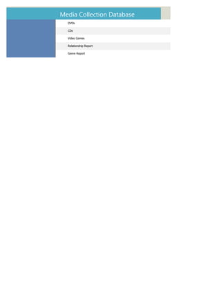 Media Collection Database
  DVDs

  CDs

  Video Games

  Relationship Report

  Genre Report
 