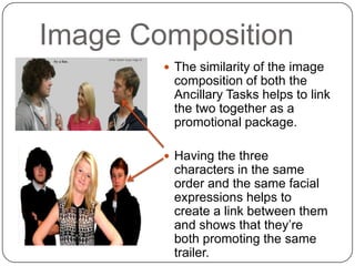 Image Composition
         The similarity of the image
         composition of both the
         Ancillary Tasks helps to link
         the two together as a
         promotional package.

         Having the three
         characters in the same
         order and the same facial
         expressions helps to
         create a link between them
         and shows that they’re
         both promoting the same
         trailer.
 