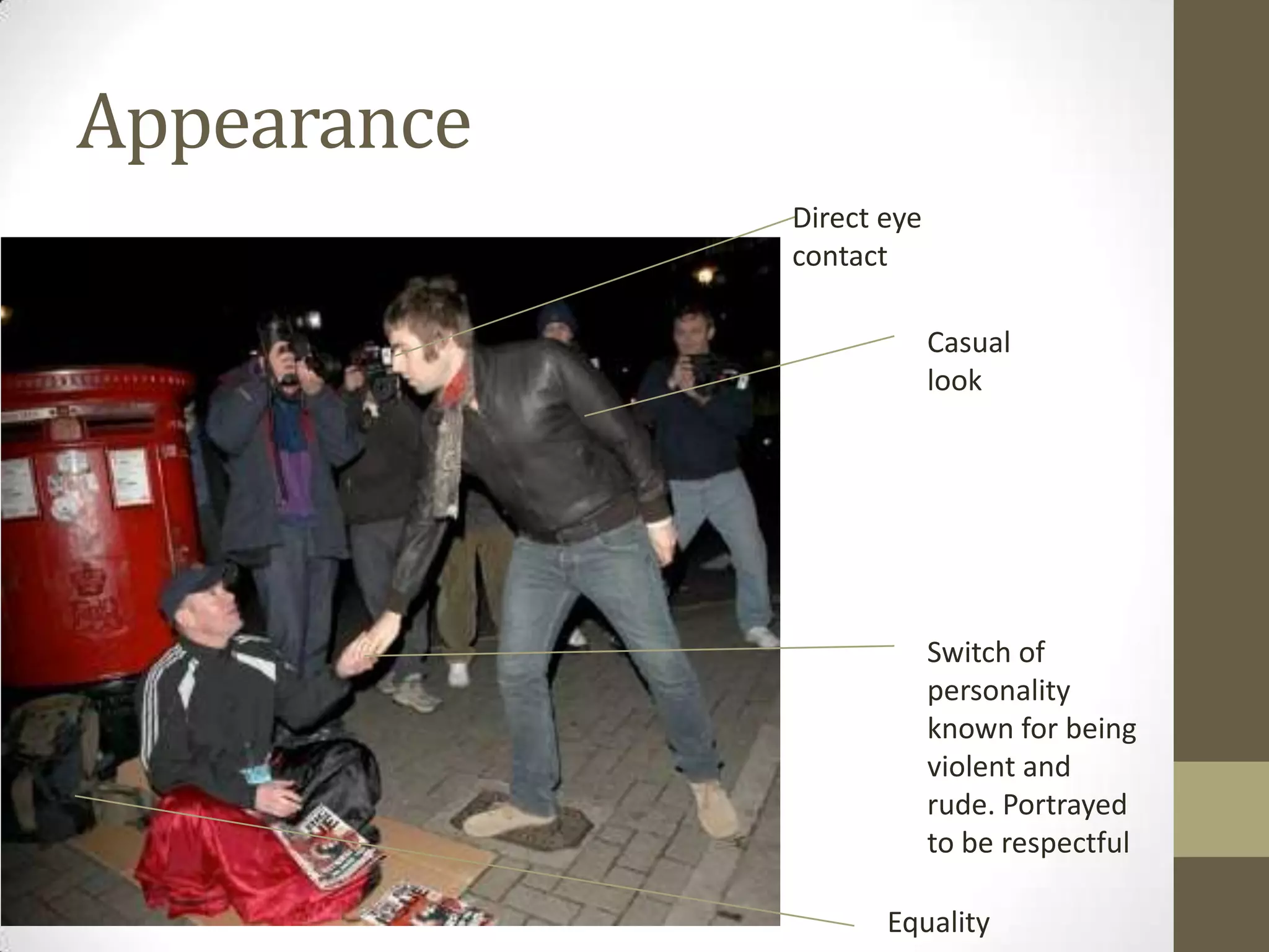 Appearance
Direct eye
contact
Casual
look

Switch of
personality
known for being
violent and
rude. Portrayed
to be respectful
Equality

 