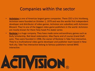 Companies within the sector
• Activision is one of Americas largest game companies. There CEO is Eric hirshberg,
Activision were founded on October 1, 1979 and was the worlds first independent
developer and distributor of video games. Activision are subsidiary with Activision
Blizzard. They’re one of the biggest video game publishers in the world. Activision
are mostly known for there Tony hawk Pro skater series
• Rockstar is a huge company. They have made some extraordinary games such as
Bully Scholarship, Red dead redemption, Max Payne and of course Grand theft
auto. They were founded in 1998, the owner of Rockstar is Take-Two Interactive.
They’re a multinational video game developer and publisher team based in New
York city. Take-Two Interactive belong to famous publishers named BMG
interactive.
 