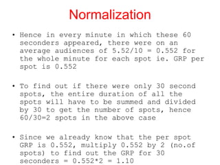 Normalization Hence in every minute in which these 60 seconders appeared, there were on an average audiences of 5.52/10 = 0.552 for the whole minute for each spot ie. GRP per spot is 0.552 To find out if there were only 30 second spots, the entire duration of all the spots will have to be summed and divided by 30 to get the number of spots, hence 60/30=2 spots in the above case Since we already know that the per spot GRP is 0.552, multiply 0.552 by 2 (no.of spots) to find out the GRP for 30 seconders = 0.552*2 = 1.10 