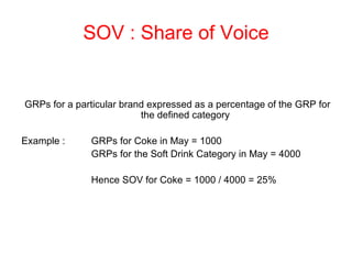 SOV : Share of Voice GRPs for a particular brand expressed as a percentage of the GRP for the defined category Example : GRPs for Coke in May = 1000 GRPs for the Soft Drink Category in May = 4000 Hence SOV for Coke = 1000 / 4000 = 25% 