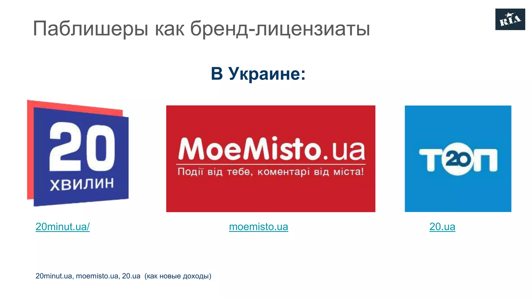 Паблишеры как бренд-лицензиаты
В Украине:
20.uamoemisto.ua20minut.ua/
20minut.ua, moemisto.ua, 20.ua (как новые доходы)
 