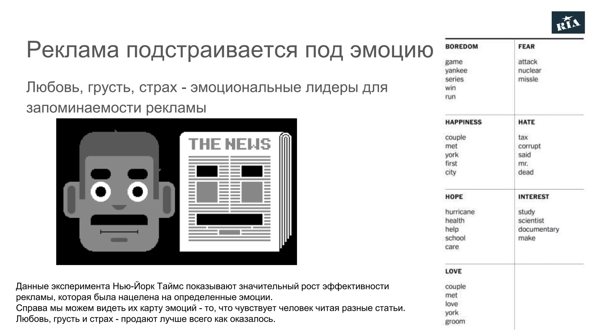 Реклама подстраивается под эмоцию
Любовь, грусть, страх - эмоциональные лидеры для
запоминаемости рекламы
Данные эксперимента Нью-Йорк Таймс показывают значительный рост эффективности
рекламы, которая была нацелена на определенные эмоции.
Справа мы можем видеть их карту эмоций - то, что чувствует человек читая разные статьи.
Любовь, грусть и страх - продают лучше всего как оказалось.
 