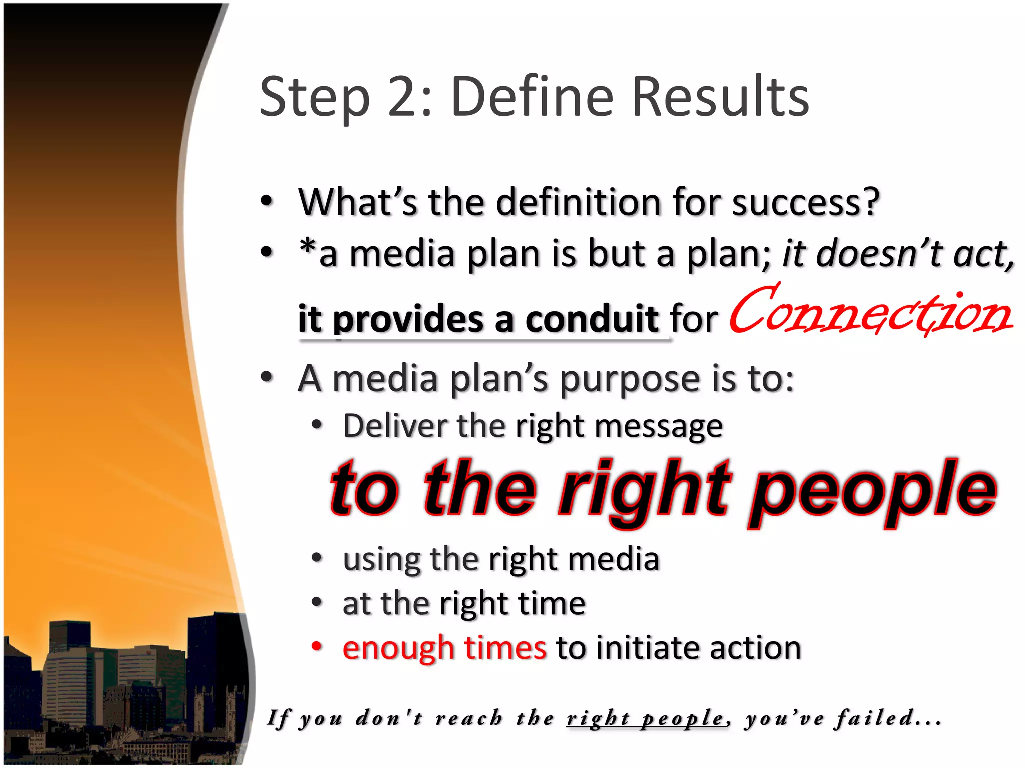 Step 2: Define Results
• What’s the definition for success?
• *a media plan is but a plan; it doesn’t act,
  it provides a conduit for                                Connection
• A media plan’s purpose is to:
     • Deliver the right message


     • using the right media
     • at the right time
     • enough times to initiate action
I f y o u d o n ' t r e a c h t h e r i g h t p e o p l e , y o u’v e f a i l e d . . .
 