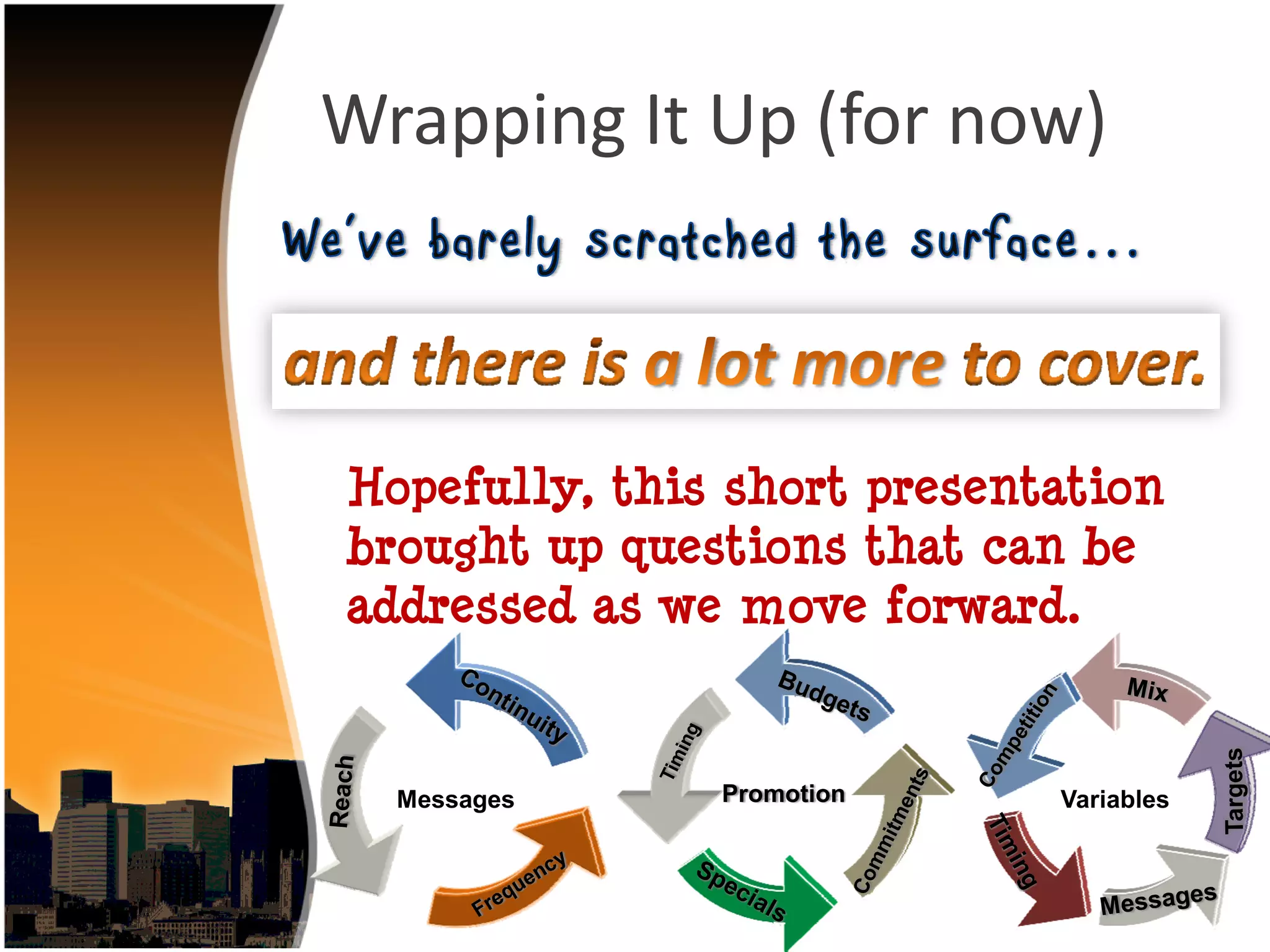 Wrapping It Up (for now)



Hopefully, this short presentation
brought up questions that can be
addressed as we move forward.


  Messages     Promotion     Variables
 