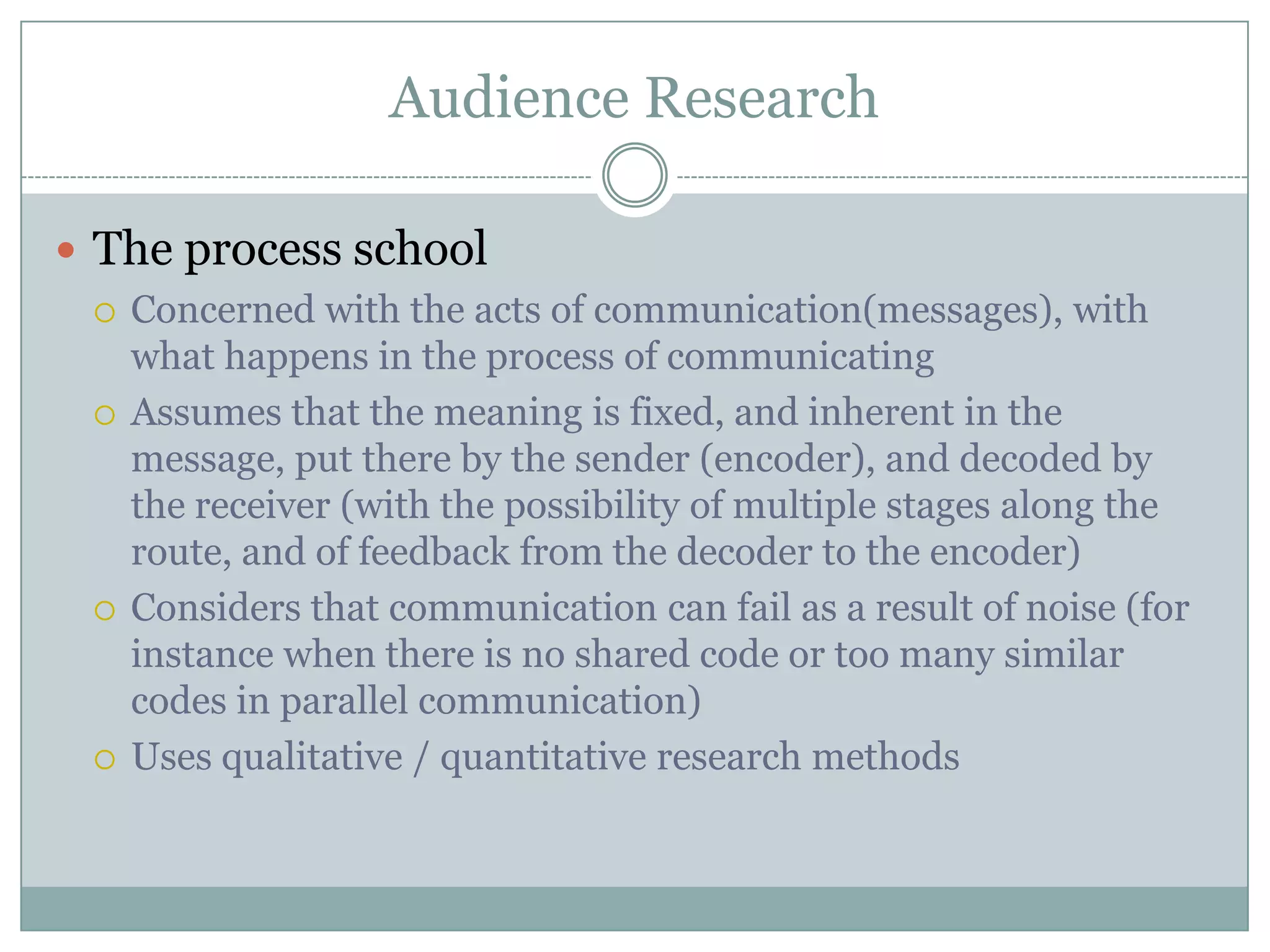 Audience ResearchThe process schoolConcerned with the acts of communication(messages), with what happens in the process of communicatingAssumes that the meaning is fixed, and inherent in the message, put there by the sender (encoder), and decoded by the receiver (with the possibility of multiple stages along the route, and of feedback from the decoder to the encoder)Considers that communication can fail as a result of noise (for instance when there is no shared code or too many similar codes in parallel communication) Uses qualitative / quantitative research methods