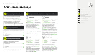 Медиапотребление в России / Ключевые тенденции
В целом объем медиапотребления жителей
России продолжает увеличиваться, однако темпы
роста медиаактивности в 2016 году несколько
снизились по сравнению с 2015 годом (с 8% до 6%).
В большей степени (на 6–7 п. п.) они снизились
по таким видам времяпрепровождения, как:
посещение кинотеатра;
чтение печатных книг;
чтение печатных СМИ;
игры на любом устройстве.
Ключевые выводы
3 часа 42 минуты
4 часа 24 минуты
Отличие от 2015 годаВ рабочий день
В выходной день
–18 минут
–7 минут
В рабочий день
В выходной день
2 часа 10 минут
3 часа 35 минут
Отличие от 2015 года
–7 минут
Без изменений
Телевидение Интернет
Россияне, которые живут одни, стали
меньше смотреть телевизор (на 7 п. п.).
Больше смотреть телевизор
стали жители Санкт–Петербурга
(индекс медиаактивности составил 17%).
Произошло небольшое снижение
частоты просмотра новостной информации
(на 0,4), общественно–политических
передач (на 0,2) и тематических
профессиональных передач (на 0,2).
Отличие от 2015 годаВ рабочий день
В выходной день
26 минут
35 минут
Без изменений
–1 минута
Печатные книги
Реже печатные книги стали читать
респонденты старше 45 лет (индекс
активности составил от –22% до –28%).
Чаще печатные книги стали читать жители
Санкт–Петербурга (индекс положительный
и равен 17%) и респонденты в возрасте от
20 до 24 лет (индекс равен 14%).
В рабочий день
В выходной день
Отличие от 2015 года
1 час 33 минуты
1 час 25 минут
–3 минуты
–2 минуты
Радио
Респонденты в возрасте от 20 до 24 лет и
жители Санкт–Петербурга стали больше
слушать радио (индекс равен 14% и 15%
соответственно).
Можно отметить самое большое падение
интереса к радио среди респондентов
старшей возрастной группы – в возрасте
от 65 лет (индекс равен –24%).
Интернет–активность растет среди
самых старших возрастных групп
(индекс медиаактивности составил
72–73% для пенсионеров старше 60 лет).
По сравнению с данными 2015 года, на
13 и 14 минут соответственно сократилось
среднее время, проведенное в Интернете
пользователями ноутбуков и стационарных
компьютеров. В то же время пользователи
смартфонов стали больше проводить
времени в Интернете (на 18 минут в день).
ПРОДОЛЖИТЕЛЬНОСТЬ ИСПОЛЬЗОВАНИЯ МЕДИАИСТОЧНИКОВ
Прежде всего рост медиапотребления обеспечивают такие
ресурсы, как:
Интернет 	 62%
электронные книги 	 31%
видеоигры 	 4%
РОСТ МЕДИАПОТРЕБЛЕНИЯ*
ТЕНДЕНЦИИ МЕДИААКТИВНОСТИ – 2016
Прежде всего снижение медиапотребления
обеспечивают такие ресурсы, как:
печатные СМИ 	 –24%
печатные книги	 –16%
телевидение 	 –8%
радио 	 –4%
*по индексу медиаактивности [доля тех, кто отмечает
увеличение активности минус доля тех, кто отмечает
снижение активности]
СНИЖЕНИЕ МЕДИАПОТРЕБЛЕНИЯ*
05
01 Вступительное слово
03 Ключевые выводы
02 Методология исследования
Показатели
медиапотребления в России04
Технологический аспект
медиапотребления05
Медиапотребление
россиян в цифрах06
Контакты07
 